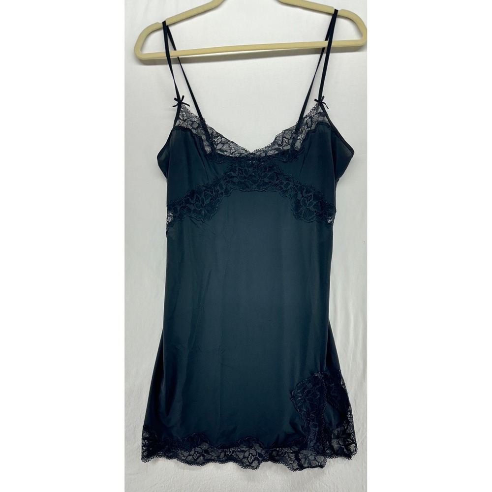 Victoria's Secret Black Lace Trim Slip Dress Nightgown Chemise Womens Medium